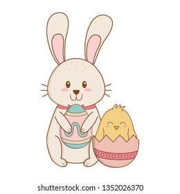 little rabbit and chick with egg painted easter characters