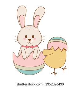 little rabbit and chick with egg painted easter characters