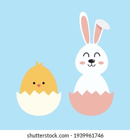 little rabbit and chick with egg painted easter characters