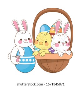 little rabbit and chick with eggs painted in basket vector illustration design