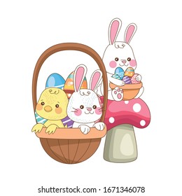 little rabbit and chick with eggs painted in basket vector illustration design