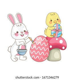 little rabbit and chick with eggs painted in fungus vector illustration design
