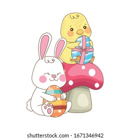 little rabbit and chick with eggs painted in fungus vector illustration design