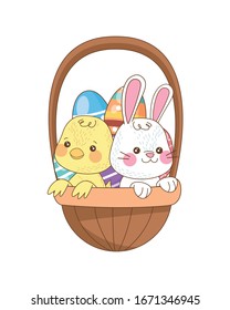 little rabbit and chick with eggs painted in basket vector illustration design