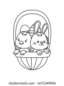 little rabbit and chick with eggs painted in basket vector illustration design
