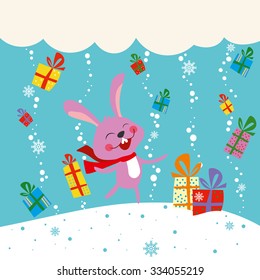 Little rabbit with Christmas gift snow