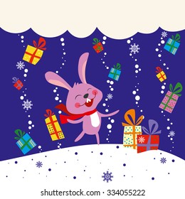 Little rabbit with Christmas gift snow