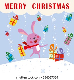 Little rabbit with Christmas gift snow