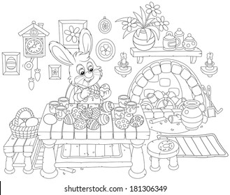 Little rabbit coloring Easter eggs