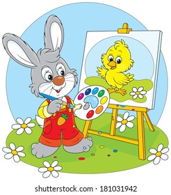 Little rabbit draws a small Easter chick