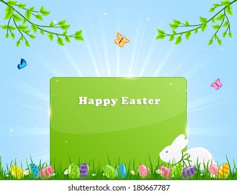 Little rabbit with Easter eggs and banner in a grass, illustration.