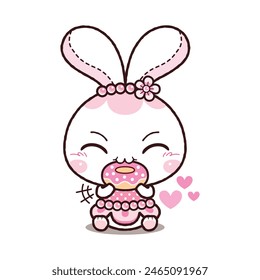 Little Rabbit Eating Donut. Kawaii Cartoon Style