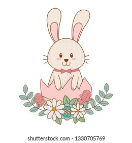 little rabbit with egg broken painted and flowers