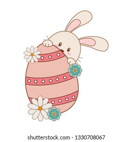 little rabbit with egg painted and flowers easter character