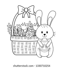 little rabbit with egg painted and flowers in basket