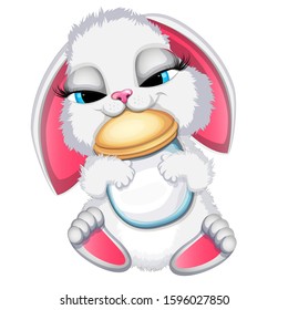 Little rabbit falls asleep while feeding milk. Cartoon vector illustration. EPS10