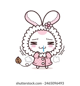 Little Rabbit Feeling Cold Trembling. Kawaii Cartoon Style