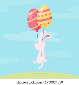 little rabbit flying with its easter eggs