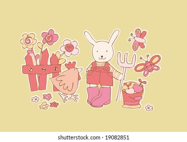 little rabbit gardening with a little chicken in a garden with flowers