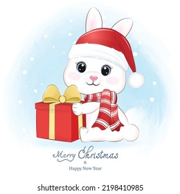 Little Rabbit and Gift box. Christmas season illustration