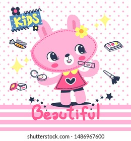 Little rabbit Girl Makeup on pink polka dots background illustration vector.