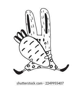 Little rabbit is holding a carrot. Cute hare, carrot isolated on white background. Doodle. Coloring book. Vector illustration.
