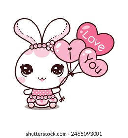 Little Rabbit Holding a Heart Balloon. Valentines Day Concept. Kawaii Cartoon Style.