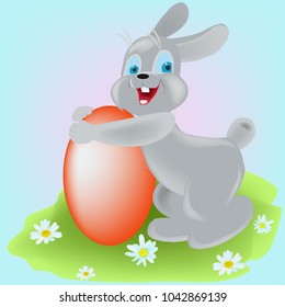 Little rabbit hugging Easter egg. Template card for Easter. Vector illustration 
