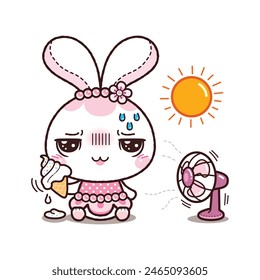 Little Rabbit with Ice Cream Cone, In Summer, Kawaii Cartoon Style