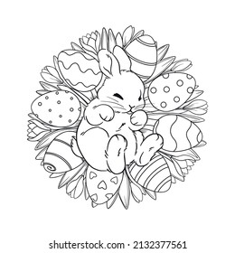 little rabbit lies in spring flowers crocuses and easter eggs, happy easter, grass in a circle, linear graphic drawing coloring book, vector, background design, holiday card, easter bunny in the grass