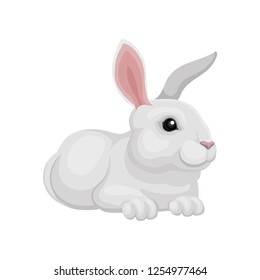 Little rabbit lying on floor. Lovely creature with white fur, long ears and short tail. Domestic animal. Flat vector icon
