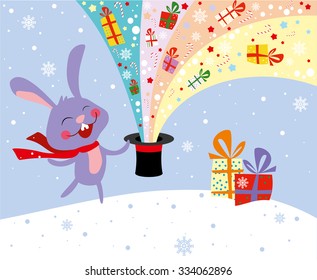 Little rabbit with magic hat of Christmas gift