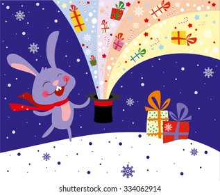 Little rabbit with magic hat of Christmas gift