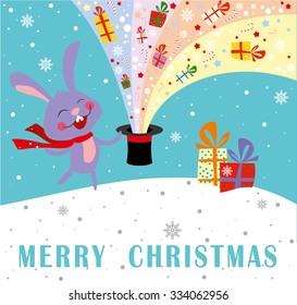 Little rabbit with magic hat of Christmas gift