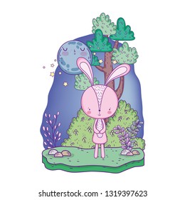 little rabbit with moon kawaii in the landscape