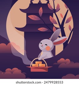 A little rabbit in the moon pulling out a basket of mooncakes, an illustration celebrating the Mid-Autumn Festival