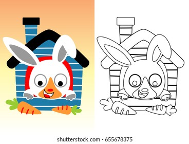 little rabbit on cage with carrot, vector cartoon illustration, coloring book or page