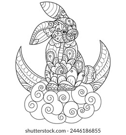 Little rabbit on the clouds hand drawn for adult coloring book