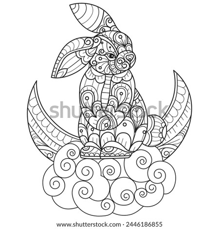 Little rabbit on the clouds hand drawn for adult coloring book