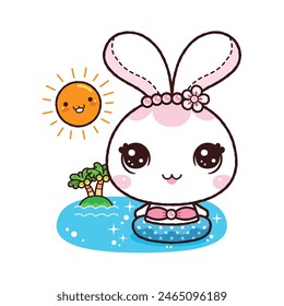 Little rabbit on an inflatable ring in the sea resting and swimming on a summer. Kawaii cartoon style.