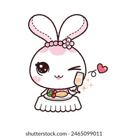 Little Rabbit Romantic Dinner. Kawaii Cartoon Style