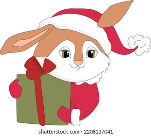 Little rabbit in a Santas hat with Christmas gift. 2023 new year