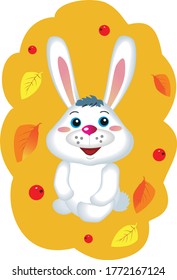 The little rabbit sat down to rest.Autumn, falling leaves.Vector image on a yellow background.