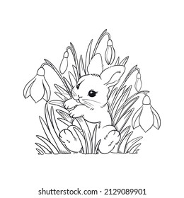little rabbit sits in spring snowdrop flowers, happy easter, grass, linear graphic drawing coloring book, vector, background design, holiday card, easter bunny in the grass.