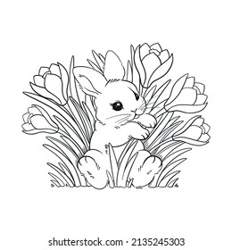 el pequeño conejo se sienta en flores de nevada de primavera, Pascua feliz, hierba, libro de dibujo gráfico lineal, vector, diseño de fondo, tarjeta de vacaciones, conejo de Pascua en el pasto.