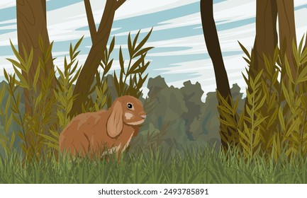 A little rabbit sits in the tall grass in the garden. Rabbits in the habitat. Realistic vector landscape