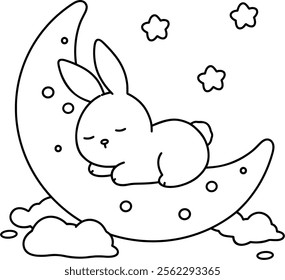 Little rabbit sleeps sweet dreams on the half moon, easy coloring page for kids, illustration, vector