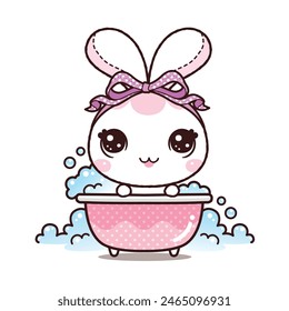 Little Rabbit Soak the Warm Water in Bathtub. Kawaii Cartoon Style