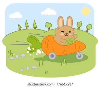 Little rabbit speeding in carrot car through garden landscape (kawaii style cartoon)