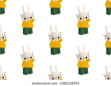 A little rabbit student in round glasses waves his hand. Primary school seamless pattern. Dear student svg